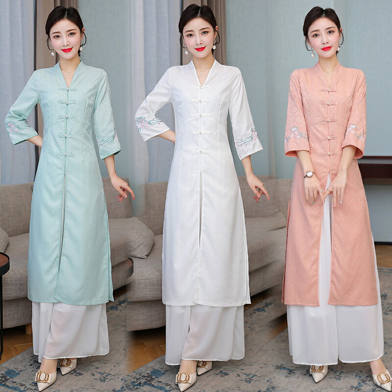 春夏新品茶服刺繡旗袍禪文藝氣質提花復古女中長裙