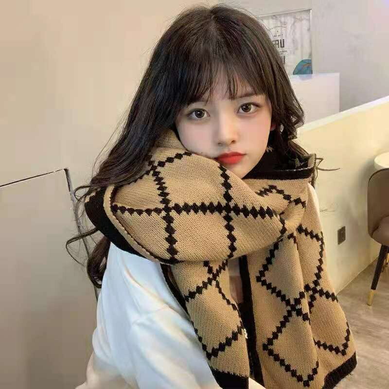 韓版柔軟格子雙面針織圍脖圍巾女秋冬保暖仿羊絨圍脖超長針織加厚兩用披肩毛絨圍脖