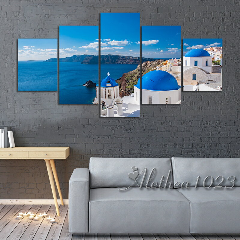 實木框畫 聖托里尼島 地中海 愛琴海 自然風景 海景 五聯居家裝飾畫 客廳掛畫 房間壁畫壁貼 生日禮物 無框畫