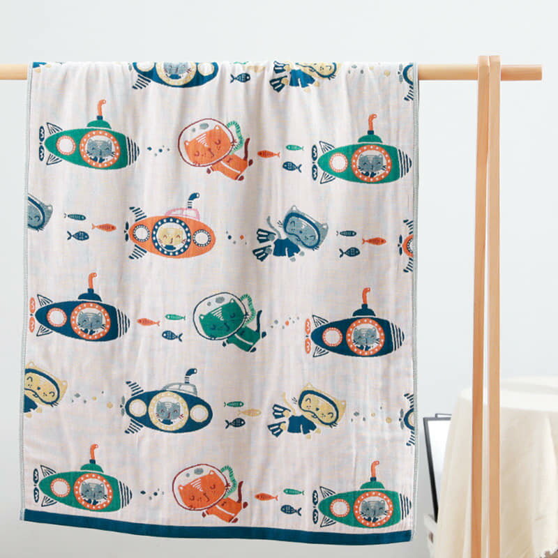日系純棉五層紗布材質 動物潛水艇柔軟吸水浴巾