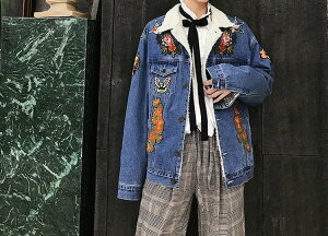 FINDSENSE G6 韓國時尚 冬季新款重工虎頭刺繡男士羊羔絨牛仔夾克歐美寬鬆外套