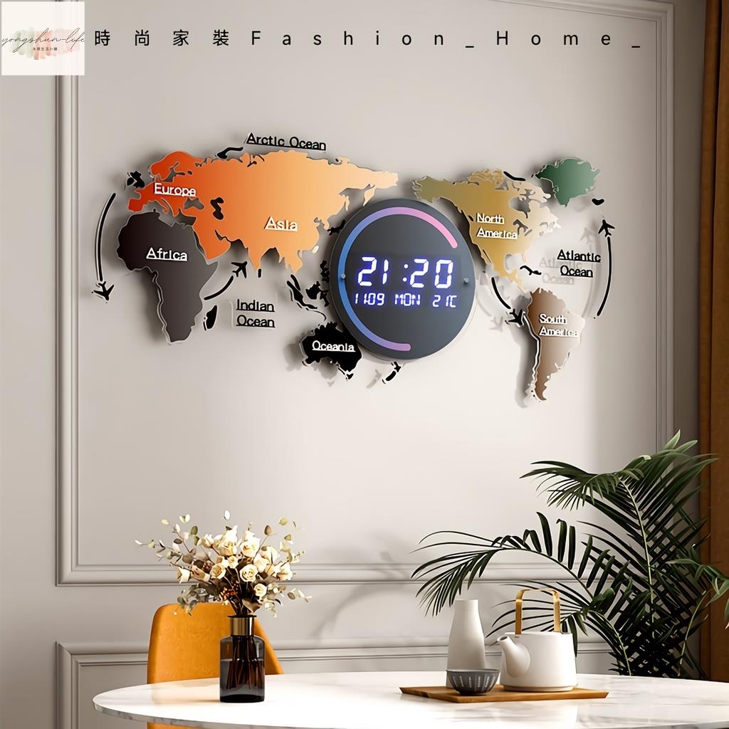 地圖時鐘 電子掛鐘 LED時鐘 北歐風 數字時鐘 世界地圖 亞克力 鐘錶 超大號壁鐘 客廳餐廳墻面掛錶 沙發背景牆壁裝飾