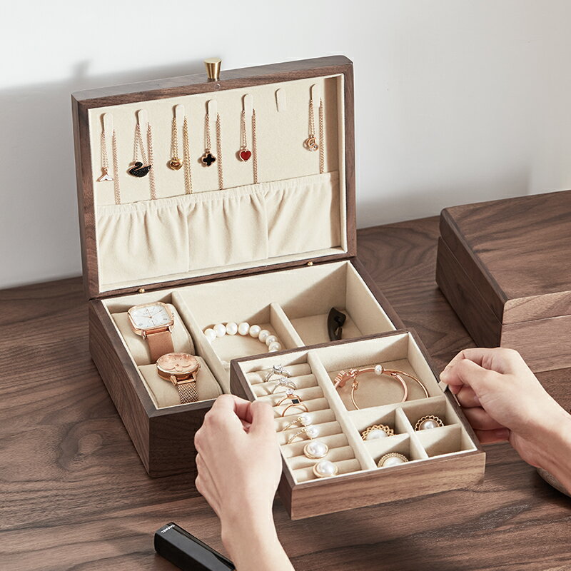 黑胡桃木首飾盒收納盒雙層大容量高級耳環項鏈實木珠寶飾品盒高檔