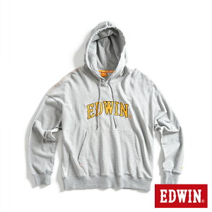 EDWIN 橘標 寬版貼布大LOGO連帽長袖T恤-男款 麻灰色 #換季折扣