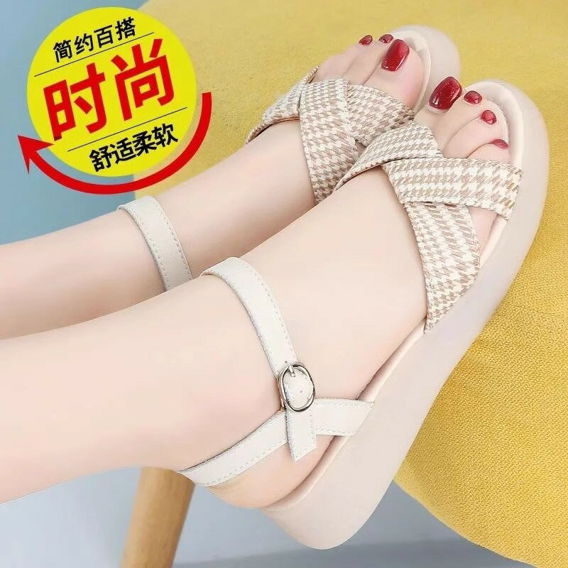 意尓康真皮露趾鬆糕底涼鞋女2024年夏季百搭軟底防滑休閑時尚單鞋