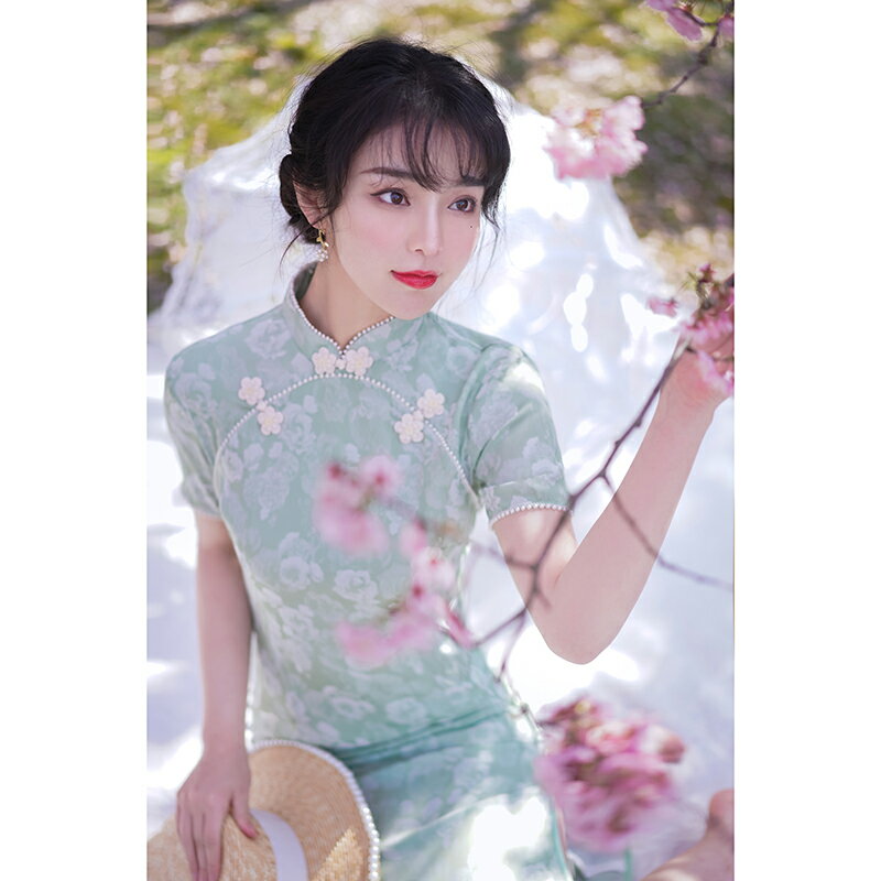 綠色旗袍2022年新款小清新甜美少女年輕款復古中國風改良連衣裙夏