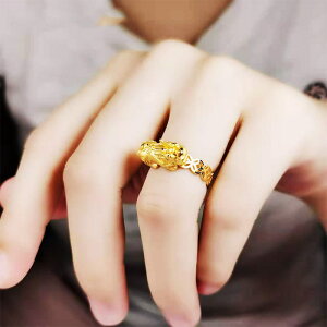 越南沙金錢幣貔貅開口戒指黃銅鍍金招財轉運貔貅戒指節日禮物