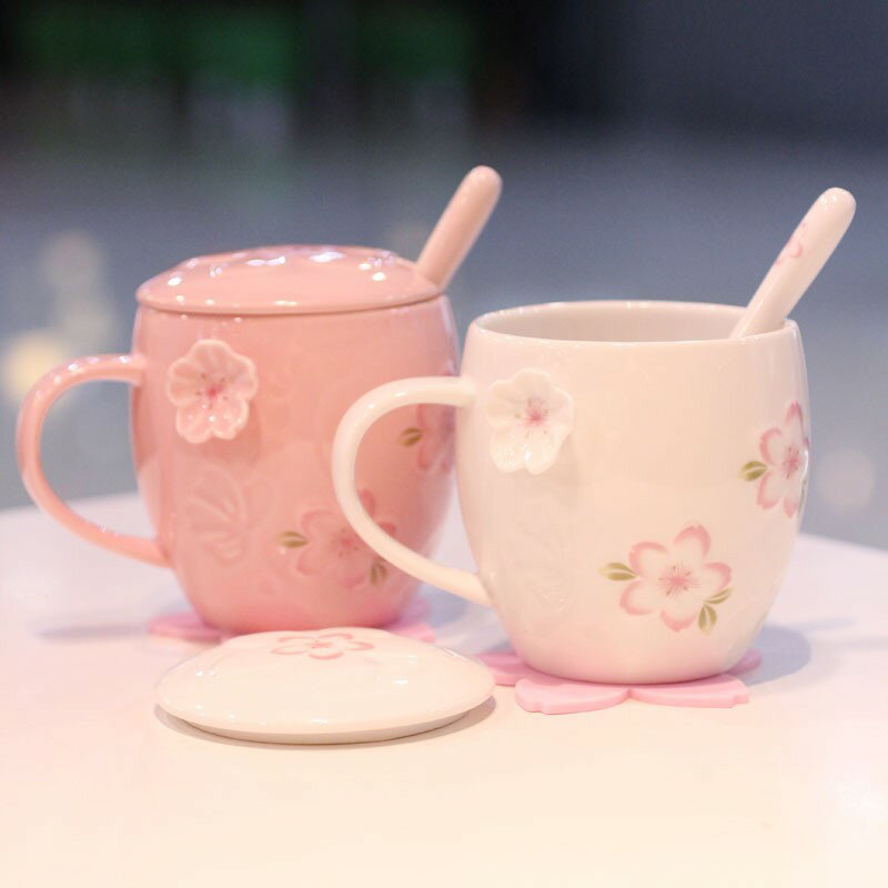 櫻花公主馬克杯帶蓋勺可愛杯子陶瓷杯簡約咖啡杯辦公室水杯女
