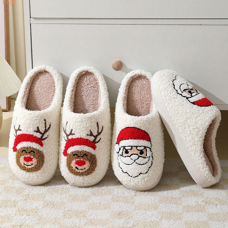新款舒適居家可愛卡通圣誕老人款冬季棉拖鞋男女情侶款保暖棉拖鞋