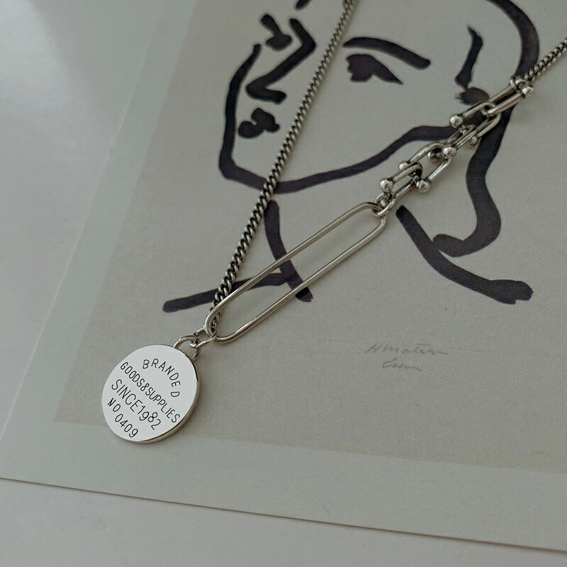 925純銀字母圓牌項鏈女年新款鎖骨鏈百搭頸鏈個性嘻哈衛衣鏈 1