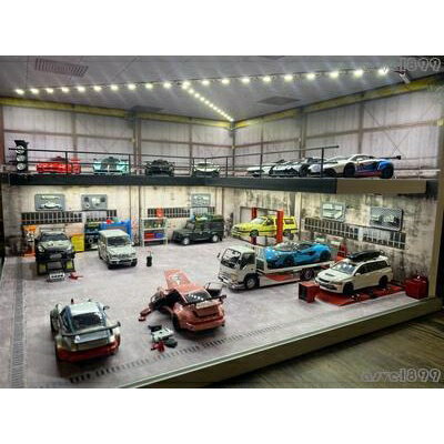 1/64合金車模展廳車庫場景雙層模型展廳小比例車模收納展示櫃 帶燈光 停車庫場景 合金車模收納櫃 車房