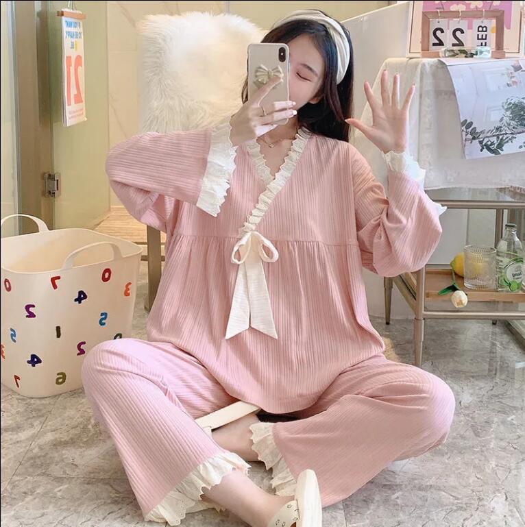 睡衣套裝女2022新款法式宮廷蕾絲V領女人味家居服長袖長褲【繁星小鎮】