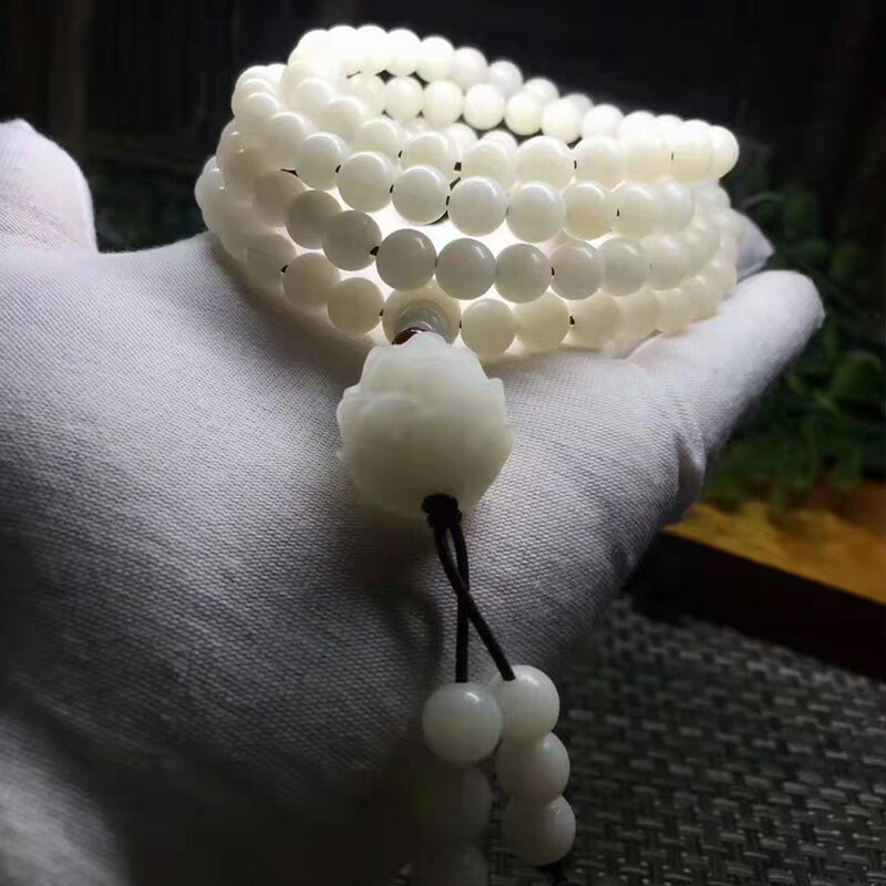 白玉菩提根108顆圓珠8毫米搭配蓮花背雲散珠手鏈項鏈念珠佛珠男女