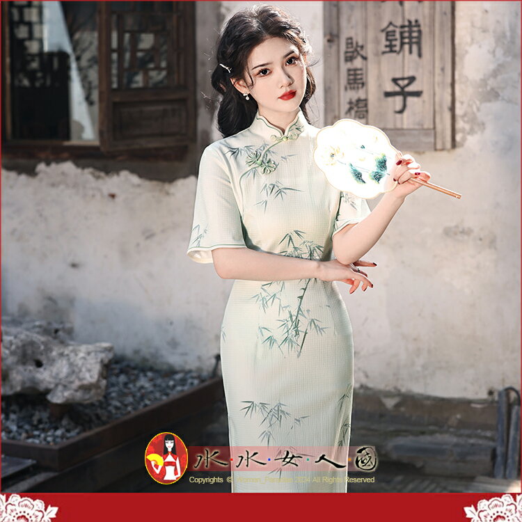 複合蕾絲印花倒大袖中長款旗袍春夏新款水墨竹印花斜襟少女中式改良氣質修身連身裙旗袍-夢瀾時(淺綠色)-水水女人國