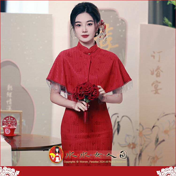 複合蕾絲斗篷披肩兩件套旗袍春夏款中國風年輕少女文藝復古優雅氣質改良修身顯瘦連身裙洋裝-媚遇(酒紅色)-水水女人國