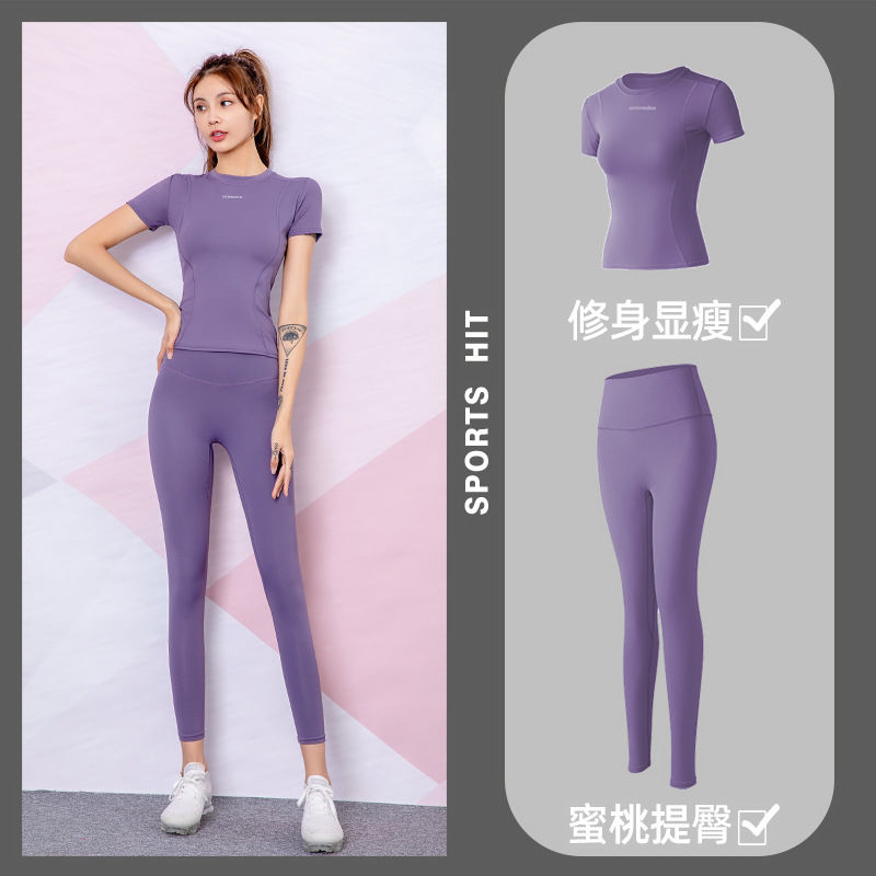【店鋪熱銷】夏季女士健身房長褲上衣瑜伽服二件套運動休閑套裝潮流運動T恤-創美
