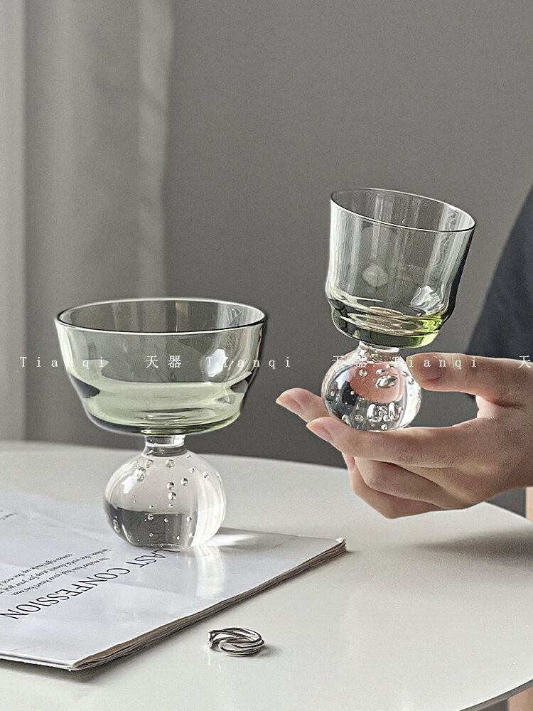 ins風綠色氣泡冰淇淋杯創意小眾設計高級感水晶玻璃杯甜點奶昔杯