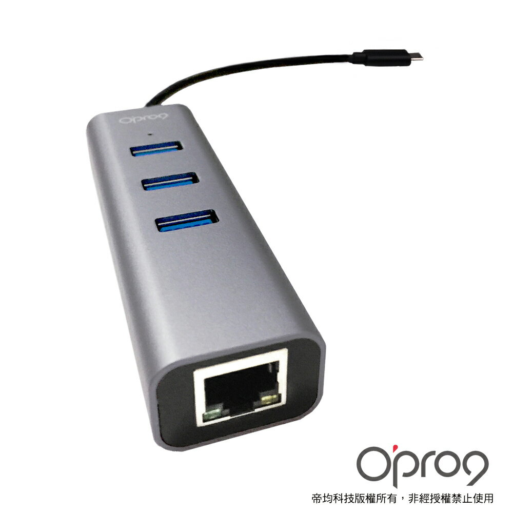 Opro9 Type-C 轉 3埠USB 3.0 HUB集線器+RJ45高速網路卡