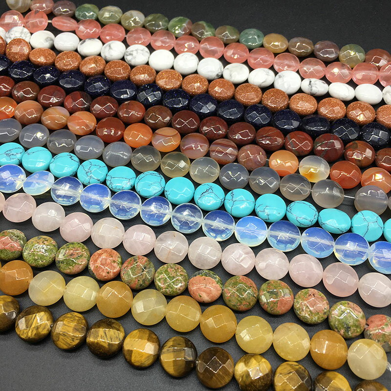天然水晶半寶石瑪瑙玉石切面扁圓形狀珠子 diy頭飾耳飾品材料配件