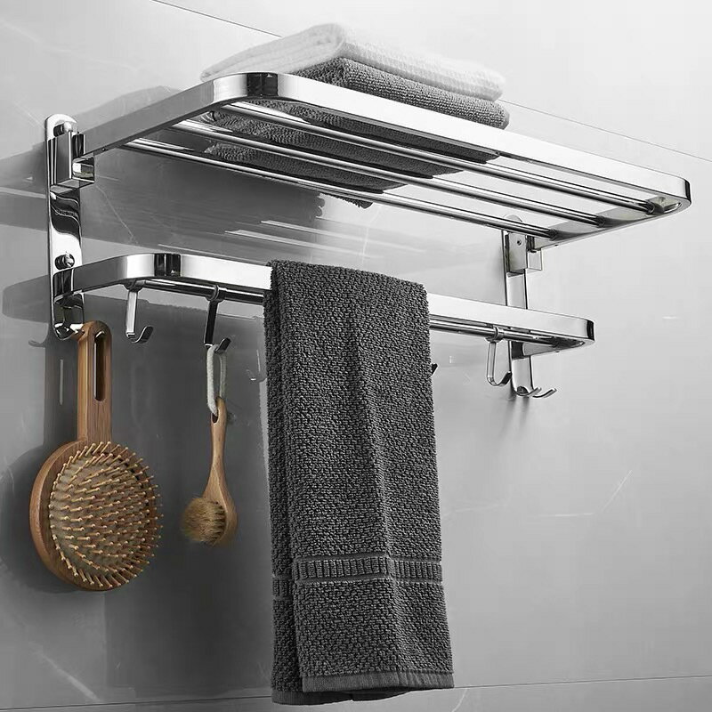 304不鏽鋼毛巾架免打孔折疊浴巾架衛生間浴室收納置物架