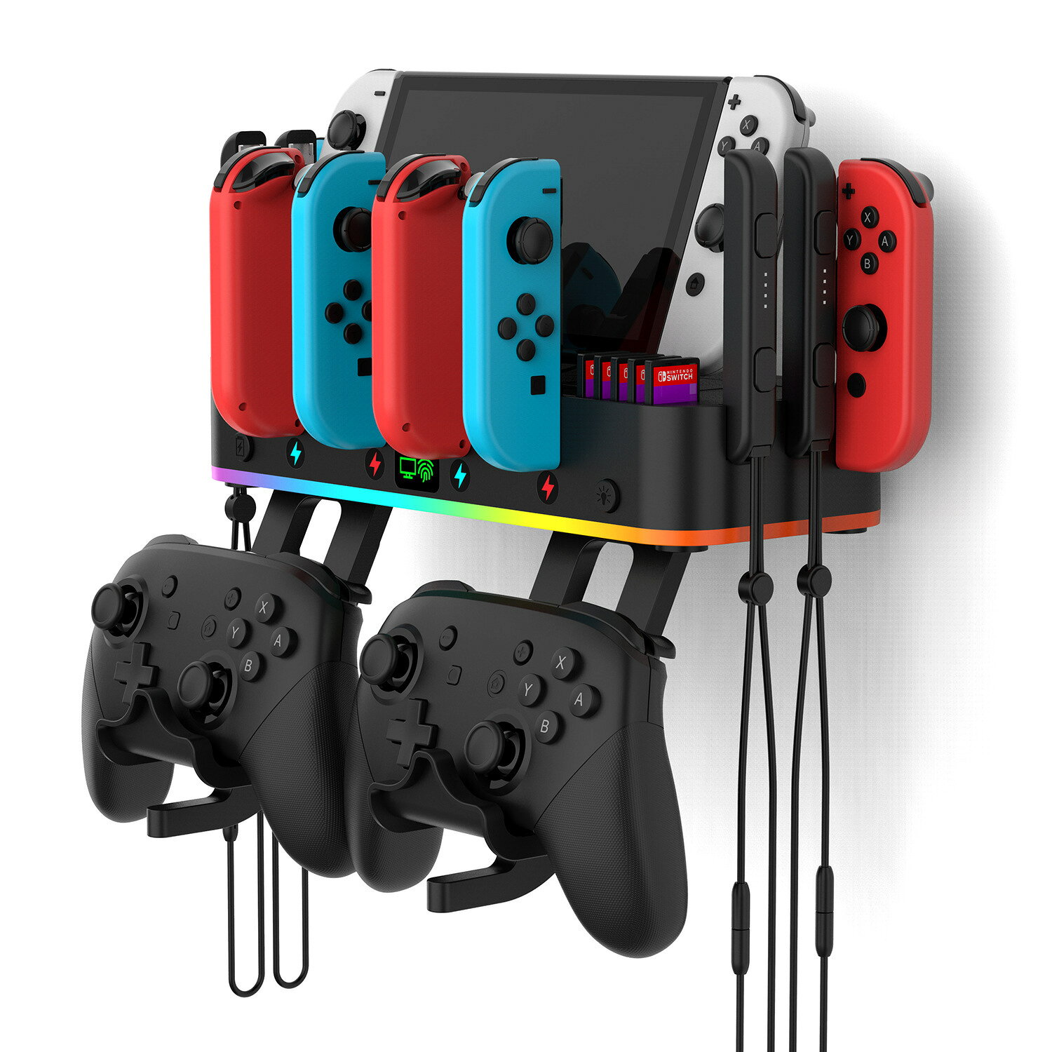 Switch/OLED多功能墻壁式收納支架NS手把手柄RGB炫彩掛充帶投屏功能