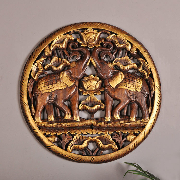 泰國工藝品 60cm圓形雙象雕花板 東南亞風格墻面裝飾掛板壁飾墻掛1入
