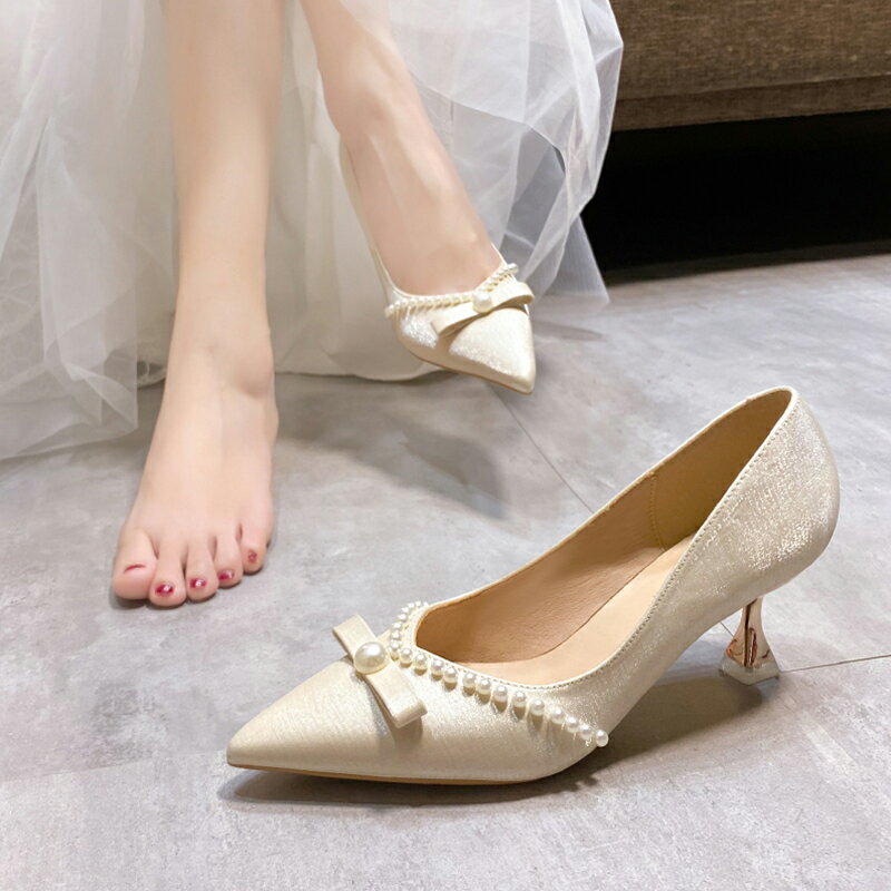 高跟新娘婚鞋女2021年春秋法式婚紗秀禾兩穿水晶伴娘禮服結婚單鞋