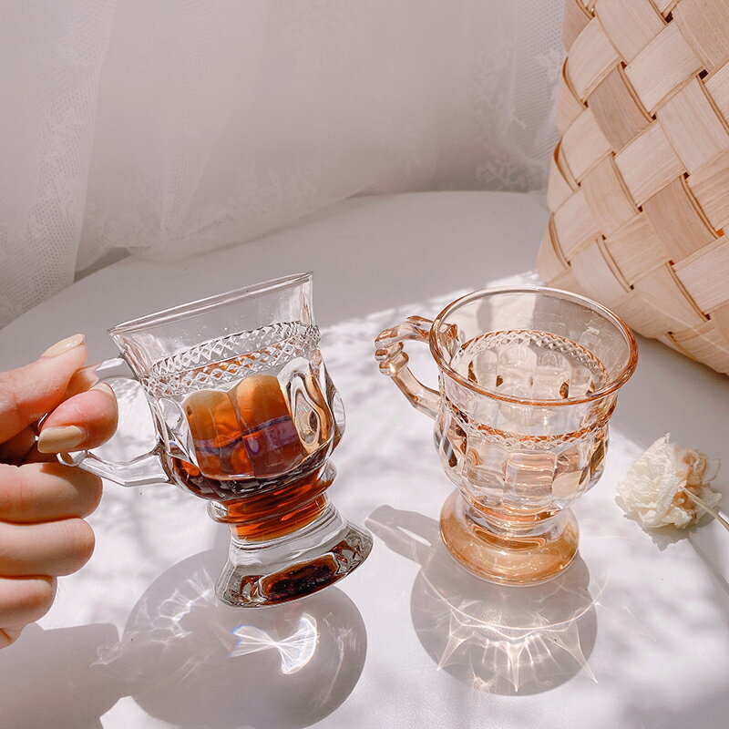 ins少女心玻璃奶茶杯果汁杯咖啡杯琥珀色玻璃杯復古水杯浮雕