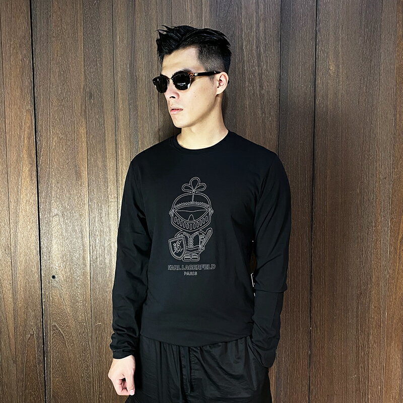 美國百分百【全新真品】Karl Lagerfeld 卡爾老佛爺 T恤 長袖上衣 logo 長薄T 黑色 CT92