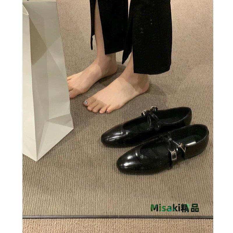 Angela 復古法式單鞋平底仙女風一字扣帶黑色圓頭淺口瑪麗珍鞋(230922)-Misaki精品