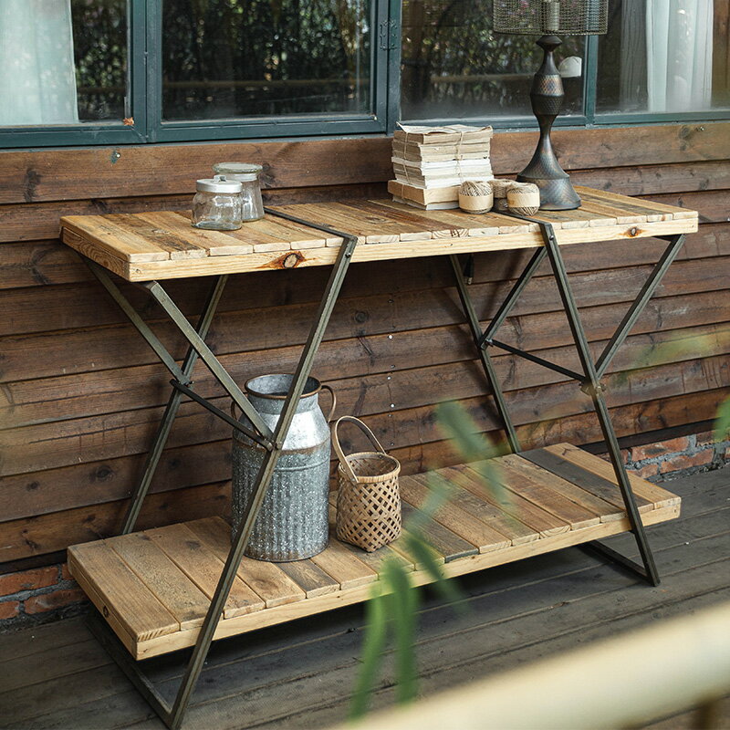 UGEC home | 美式工業風置物架原木復古餐邊柜雙層鐵藝收納折疊架