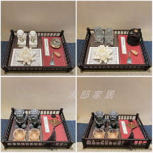 新中式獅子仿古書白蓮花托盤組合擺件售樓處樣板房客廳茶室裝飾品