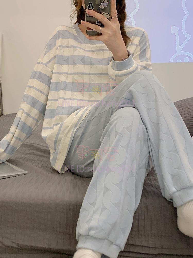 睡衣女 春秋冬季純棉夏天套裝家居服 高階感條紋提花長袖【不二雜貨】