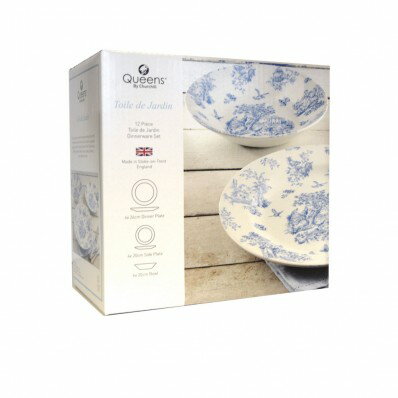英國Queens-12件陶瓷碗盤組  (附原裝彩盒)Toile de Jardin淺藍色花園盛景 主餐盤子 沙拉點心盤 餐碗
