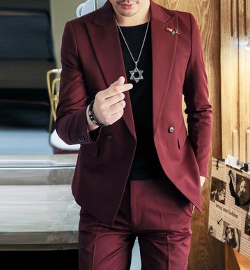 FINDSENSE品牌 四季款 新款 日本 男 高端 宴會 酒紅色 商務 時尚 西裝外套 西裝褲 兩件套 潮流西服套裝