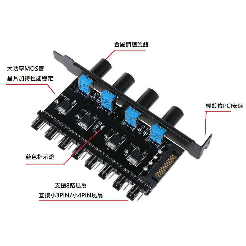 臺灣現貨 電腦風扇調速器 小3PIN 小4PIN調速 PCI位安裝 大4PIN SATA風扇集線器無級調速 風扇控速
