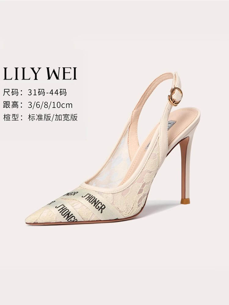 Lily Wei2024包頭涼鞋女小碼313233后空蕾絲高跟鞋大碼40-43細跟
