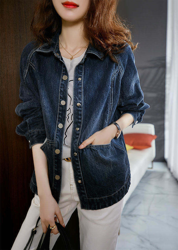 外套 女裝 休閒外套 時尚外套 保暖外套  深藍牛仔外套女2023春秋新款減齡時髦廓形百搭寬鬆顯瘦短外套潮 4