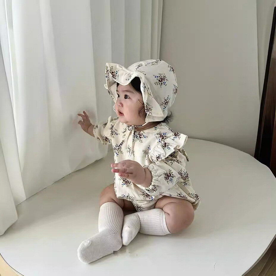 嬰兒衣服2024夏季新款韓版童裝女童花朵包屁衣兩件套