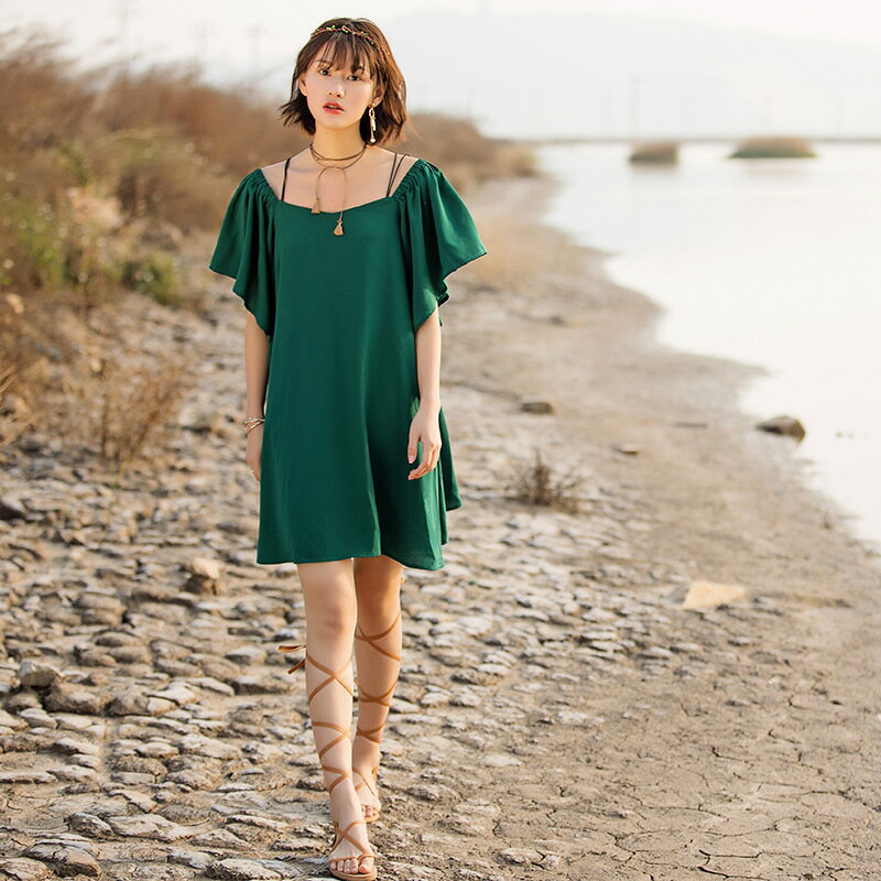 洋裝一字領連身裙-韓版時尚純色寬鬆女連衣裙73ha20【獨家進口】【米蘭精品】