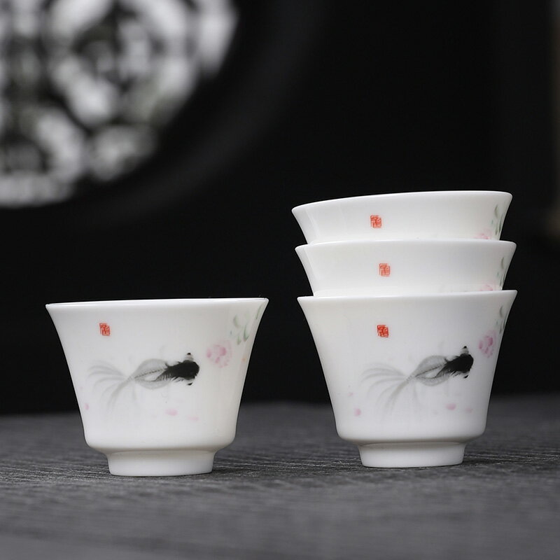 陶福氣 羊脂玉白瓷茶杯個人專用功夫茶具年年有魚陶瓷家用茶杯子