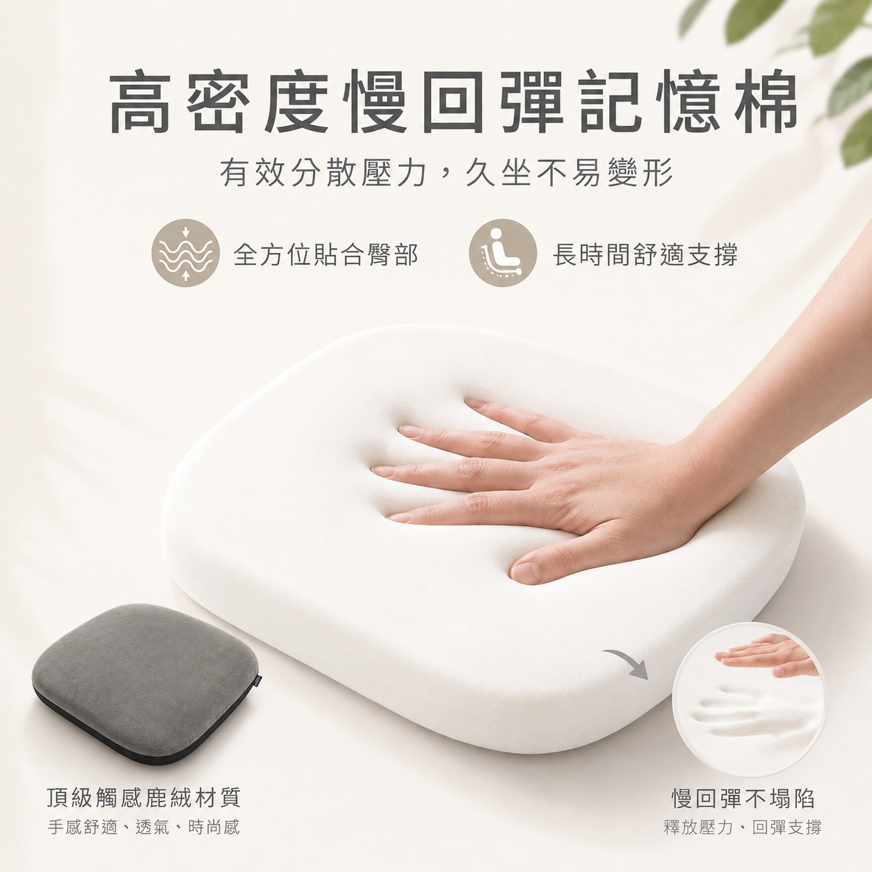 記憶棉減壓坐墊 42×36×10cm｜辦記憶棉減壓坐墊｜辦公椅 汽車久坐支撐｜防滑底可拆洗透氣布套｜五色可選 2