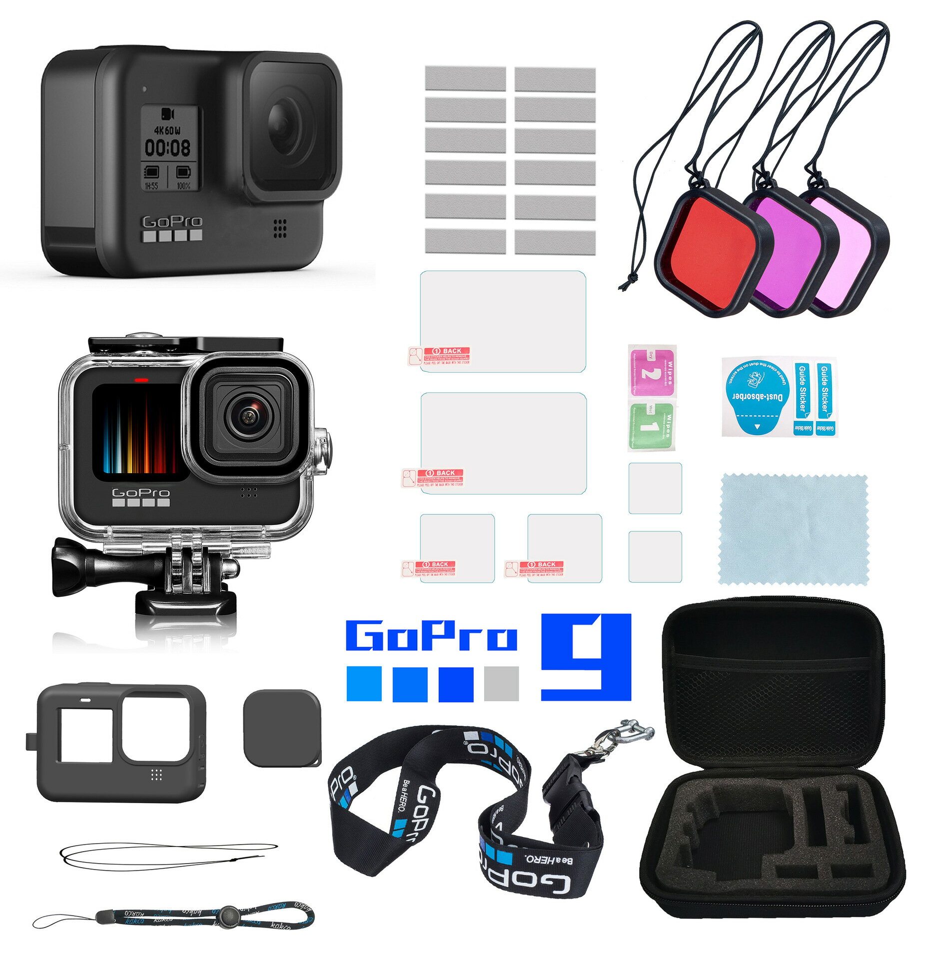 爆款gopro hero 9套裝防水殼+矽膠套+三色濾鏡+防霧插片+小收納包