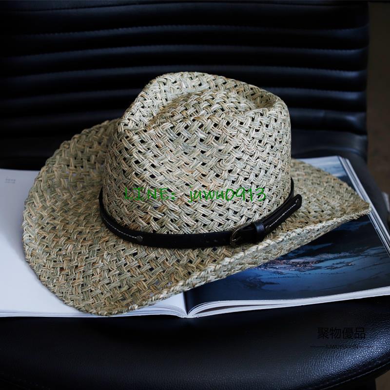 男士戶外休閒草帽歐美牛仔禮帽防曬遮陽帽子夏季卷邊大檐藏帽配件【聚物優品】