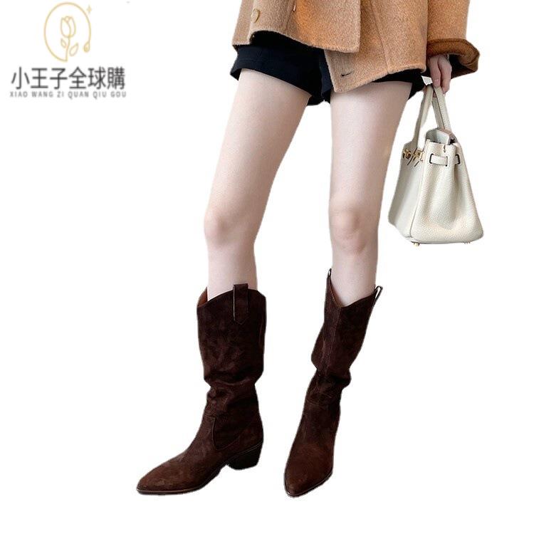 【公司現貨速發】免運 開發票 小短靴 堆堆靴 真皮女鞋 羊皮鞋 小皮鞋 樂福鞋高品質~西部靴秋新款磨砂皮粗跟堆堆靴騎士靴 保密發 定製
