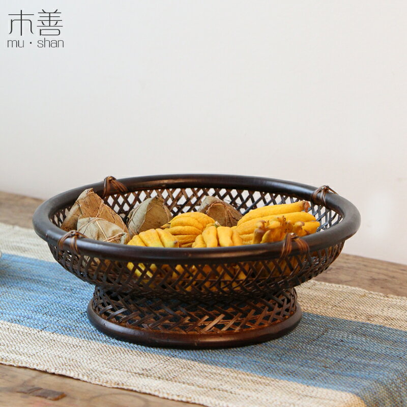 日式茶道竹編籃子收納筐圓形家用手提復古桌面儲物水果收納盒