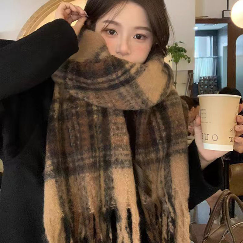 格子圍巾女冬季新款高級氛圍感韓版百搭復古加厚披肩網紅情侶圍脖-創美