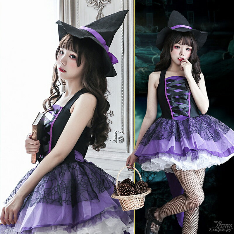 紫色吸血鬼女巫-大人，cosplay 女巫巫婆 角色扮演 成人萬聖服裝 主題派對 表演服裝，X射線【W380018】