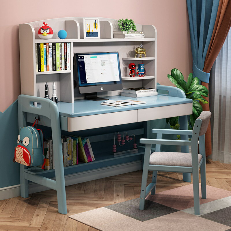辦公桌 兒童學習桌椅可升降全實木書桌書架一體簡約學生家用臥室寫字桌椅