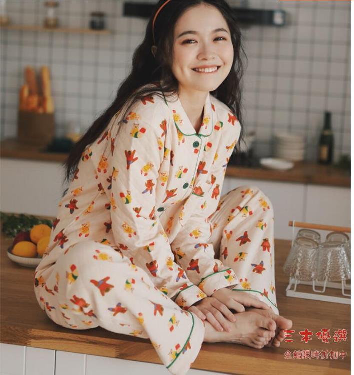 長袖睡衣 睡衣秋季女款秋冬夾棉空氣層日系卡通小熊可愛少女純棉家居服套裝